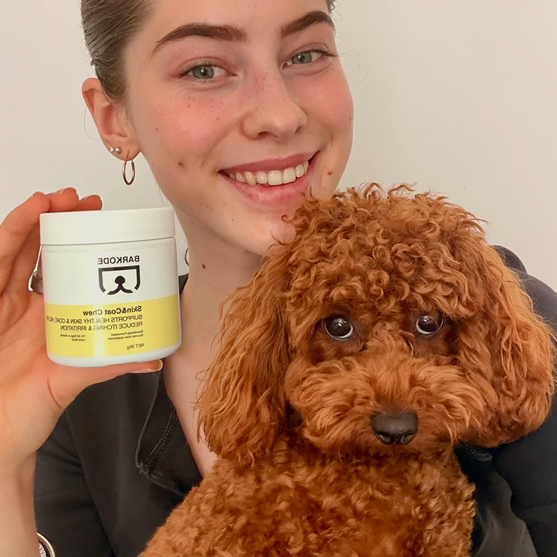 Dueña sujetando un tarro de Skin & Coat Chew junto a su caniche toy rojo