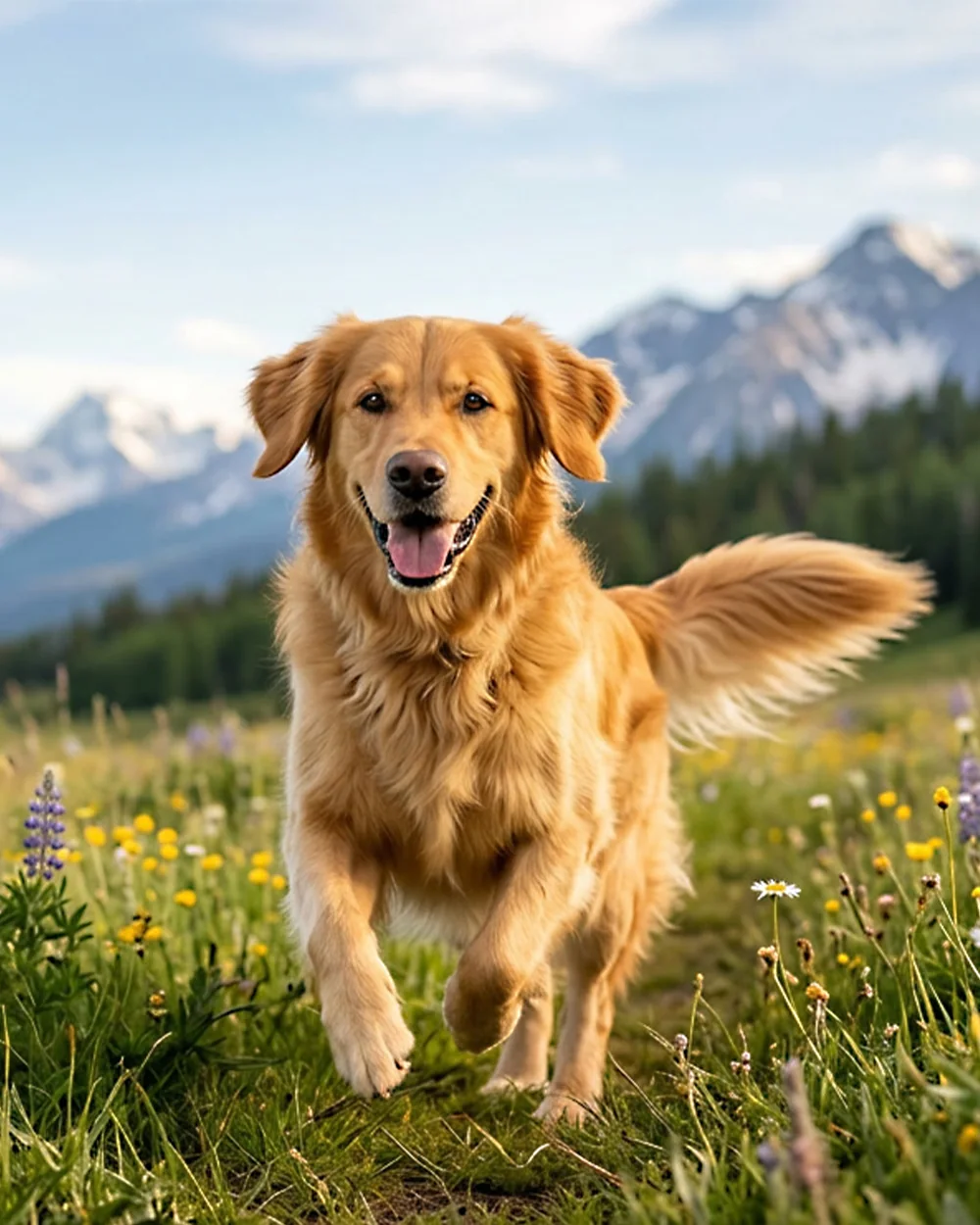 Golden retriever corriendo feliz por un prado de montaña