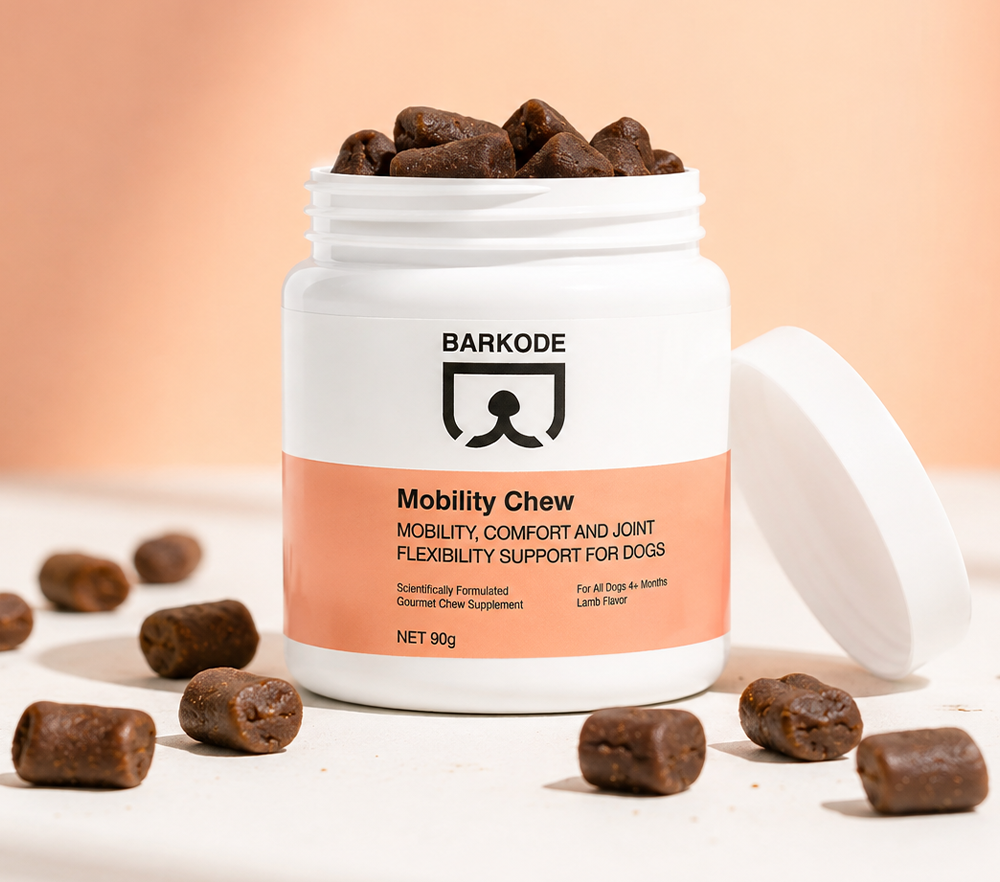 Un bote de BARKODE Mobility Chew con premios blandos