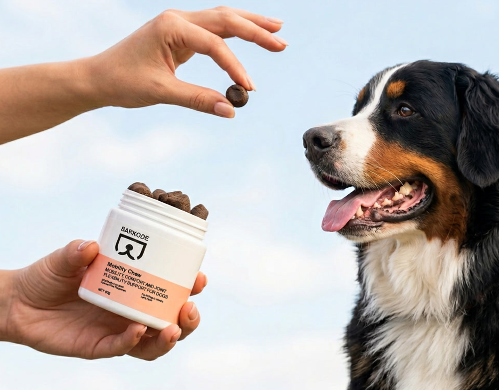 Un perro coge de la mano un premio blando BARKODE Mobility